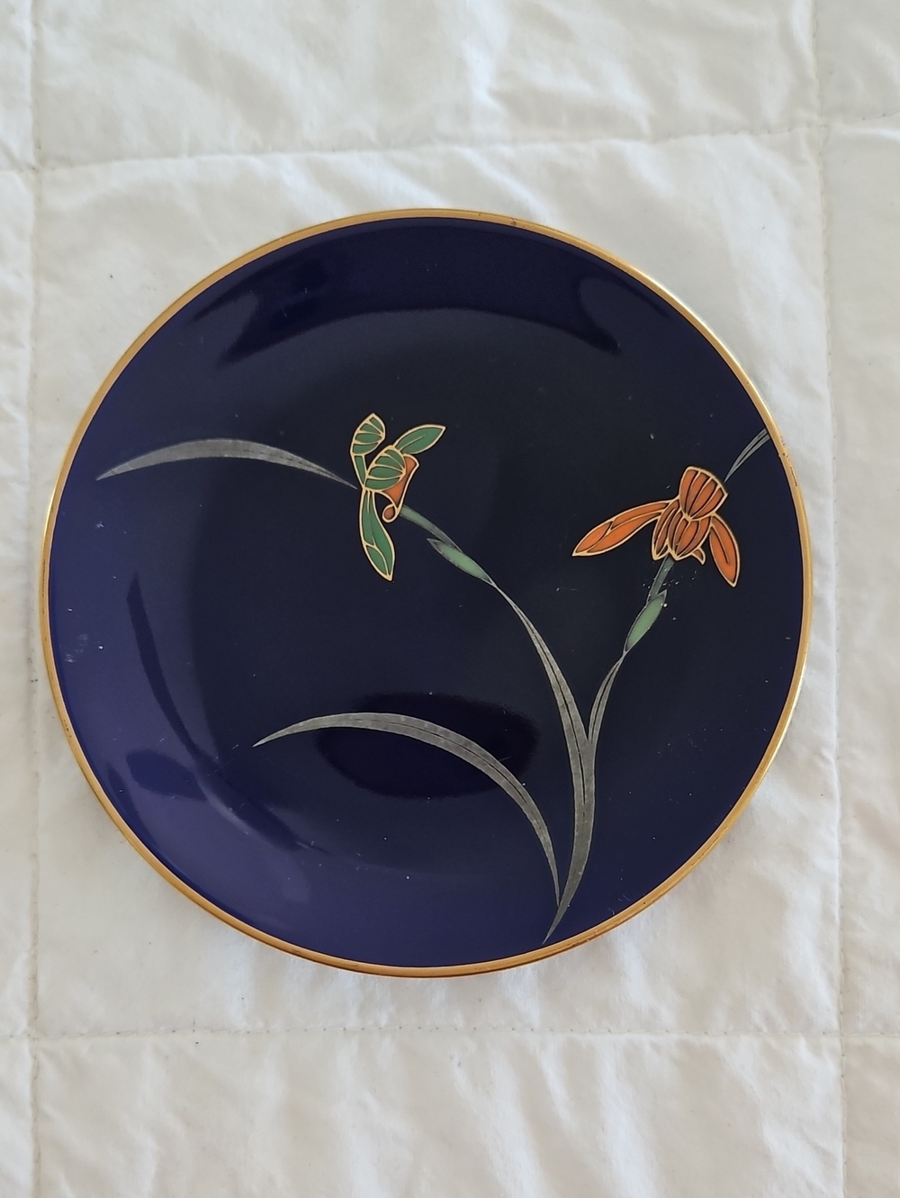 Vintage Hand-Painted Cobalt Porcelain Trinket Dish With Gold Trim Floral Motif